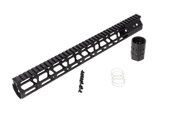 FM Products ultra light free float M-LOK handguard provides 15 inches of real estate for accessories and includes mounting hardware.